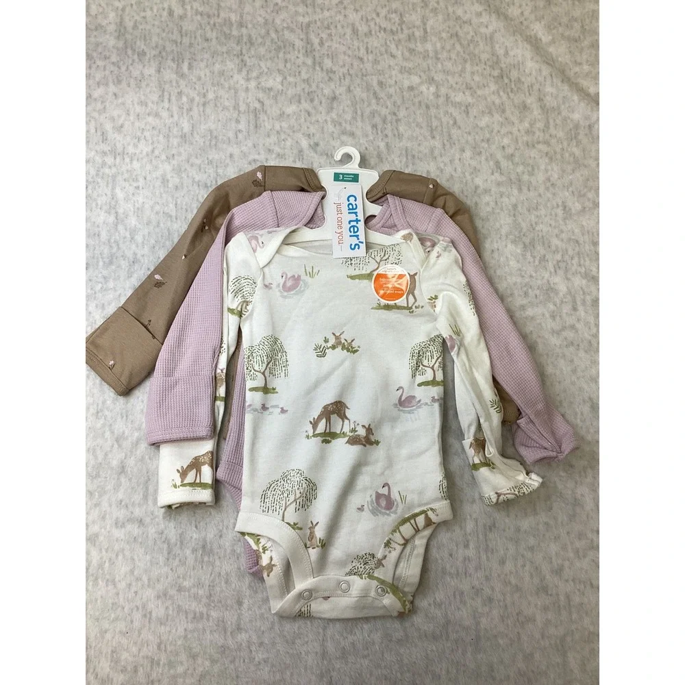 Carters Just One You Baby Girls 3M Long Sleeve Bodysuit 3-Pk Woodland Floral NEW